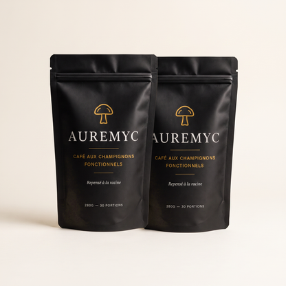 Deux sachets de café aux champignons fonctionnels Auremyc
