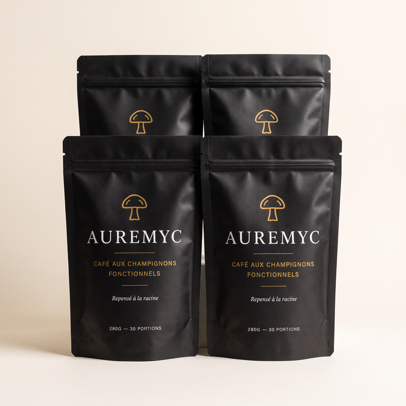Quatre sachets de café aux champignons fonctionnels Auremyc
