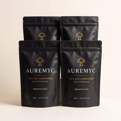 Quatre sachets de café aux champignons fonctionnels Auremyc