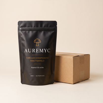 Un sachet de café aux champignons fonctionnels Auremyc avec le carton de livraison offerte