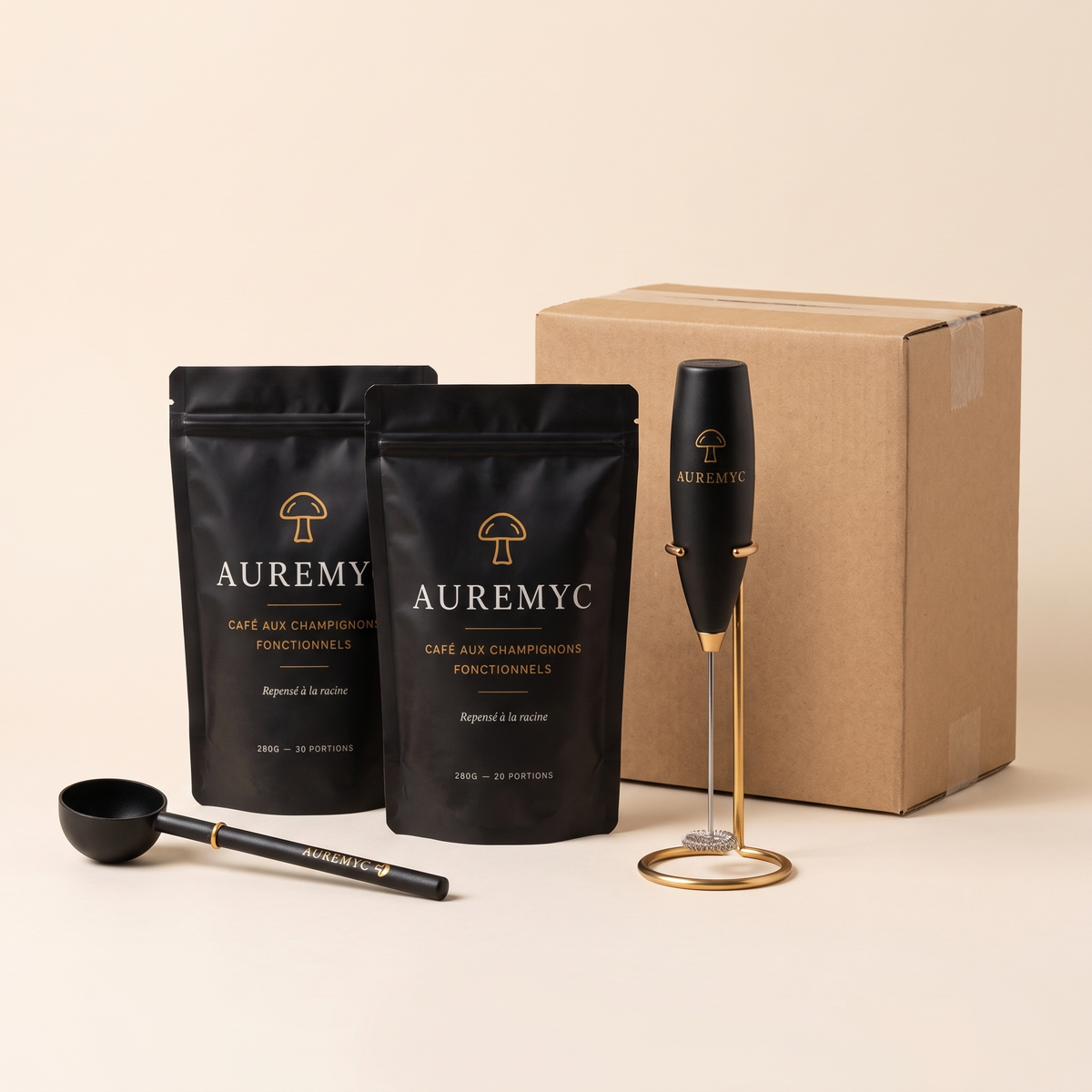 Deux sachets de café Auremyc avec la cuillère doseuse et le mousseur à lait offerts