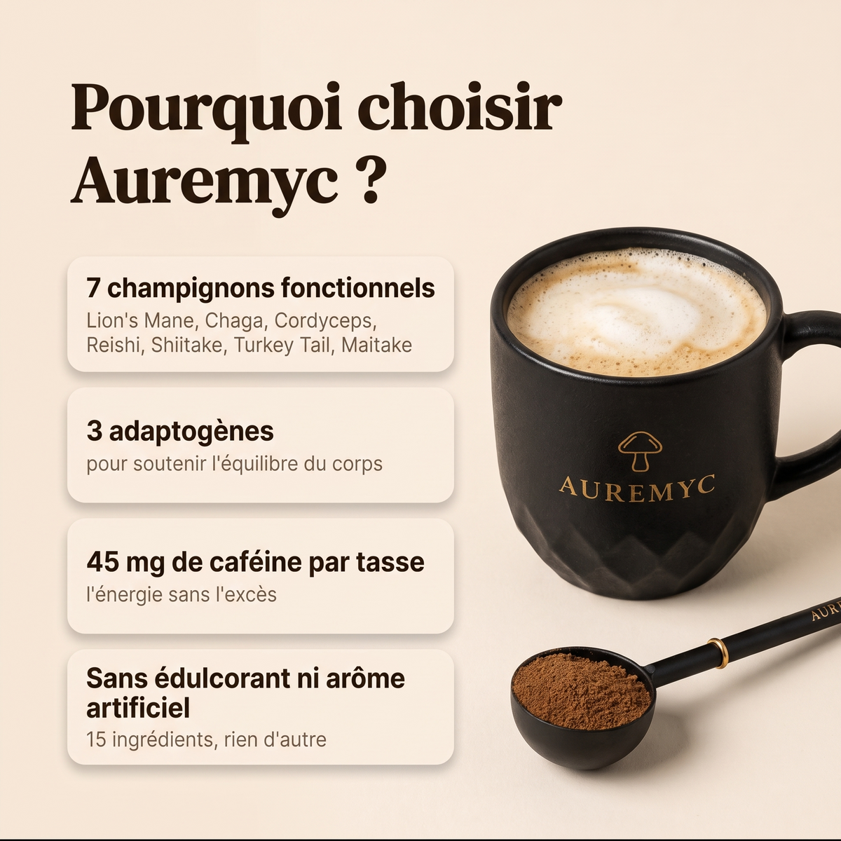 Pourquoi choisir Auremyc : café Arabica biologique, six champignons fonctionnels, fibres prébiotiques