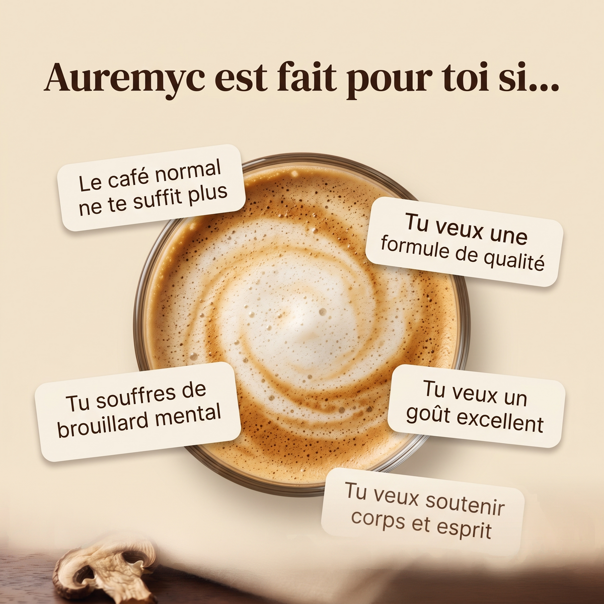 Tasse de café aux champignons Auremyc vue du dessus